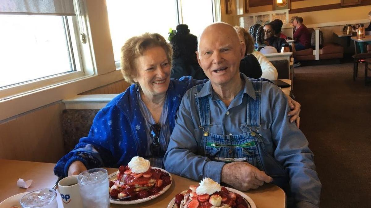 Connie and Norman Boyd of Gulfport, who were married almost 56 years, are about to dig into strawberry-banana pancakes. Boyd, an electrician who owned his own business, passed away Friday at age 89.