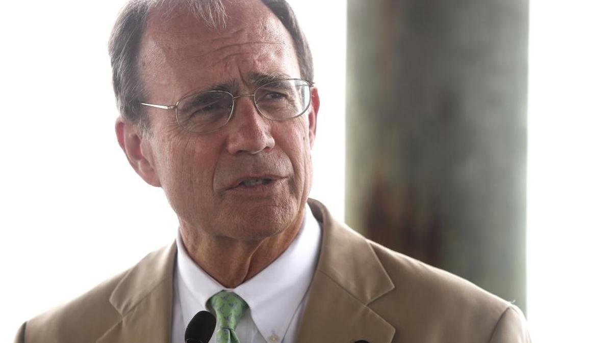 Mississippi Secretary of State Delbert Hosemann speaks at a press conference concerning Deer Island on Wednesday, June 29, 2016. He announced a partnership with Mississippi State University's drone program to video the island for research and tourism.