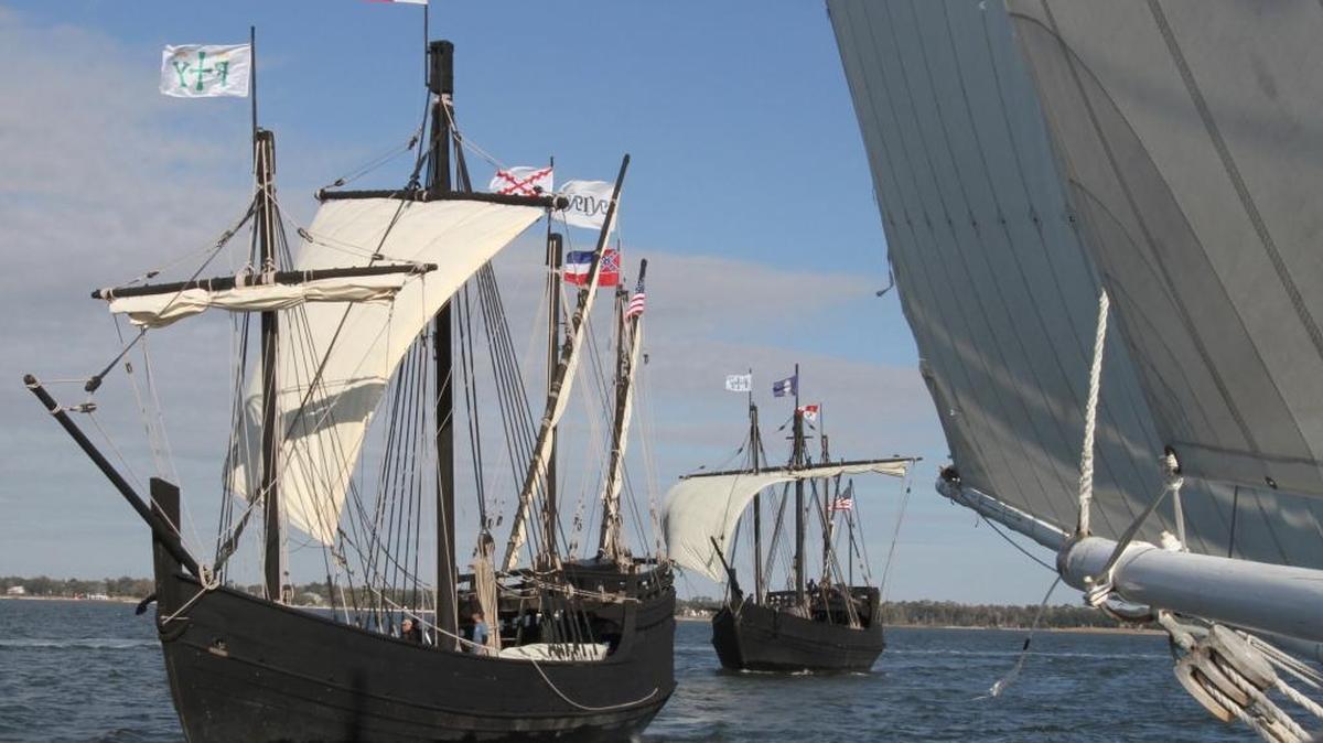 The Niña and Pinta are led to the Maritime and Seafood Industry Museum Schooner Pier by the Mike Sekul as the two Columbus-era replica ships arrived in Biloxi in 2013. The replicas can be toured in Biloxi Dec. 15-18.