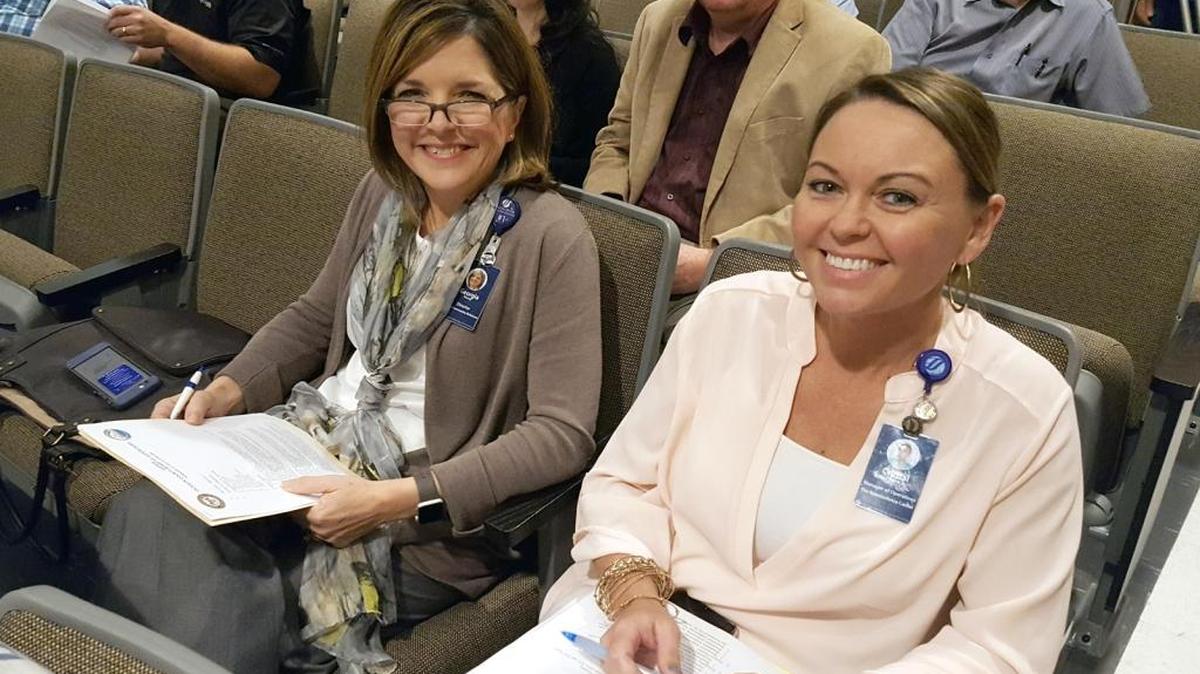 Georgia Storey, left, with Singing River Health System addressed Jackson County supervisors on Monday about the system’s handling of Dr. Terry Millette’s patients. With her was Crystal Felsher, right, manager of the Neuroscience Center for SRHS.