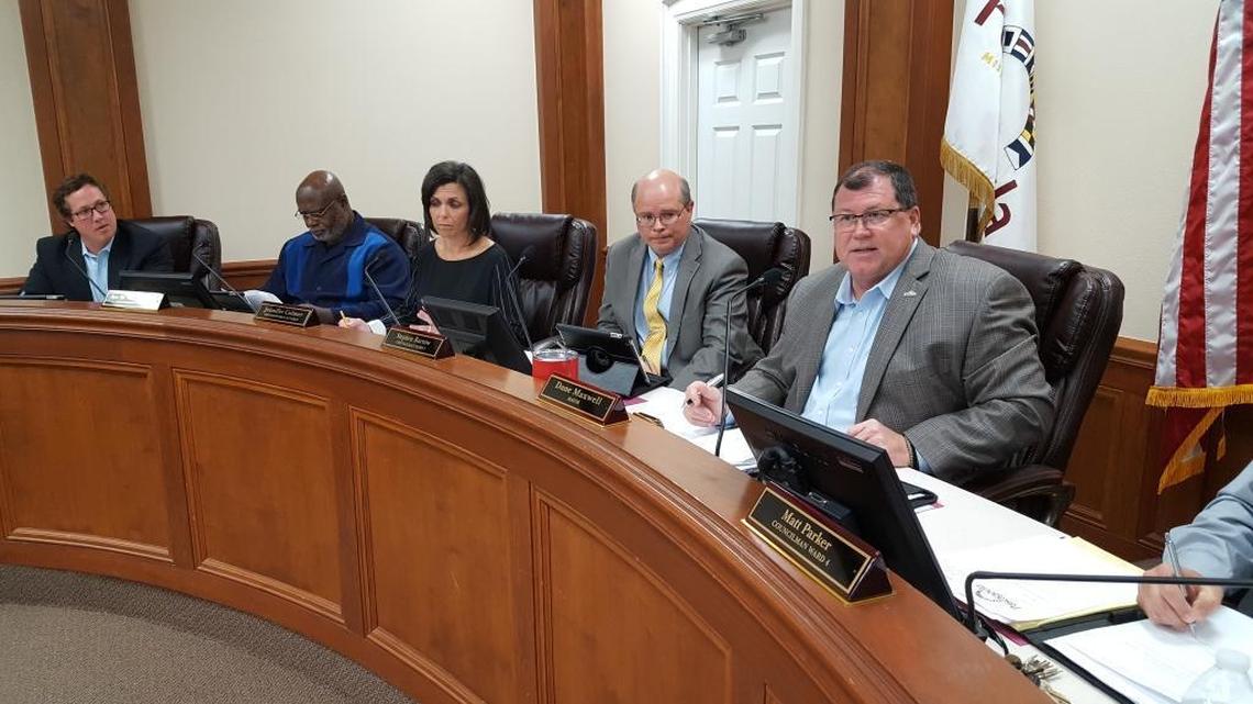 Pascagoula’s City Council, pictured recently with Mayor Dane Maxwell, right, looked at the issue of the Pascagoula-Gautier School District tax on Thursday night.