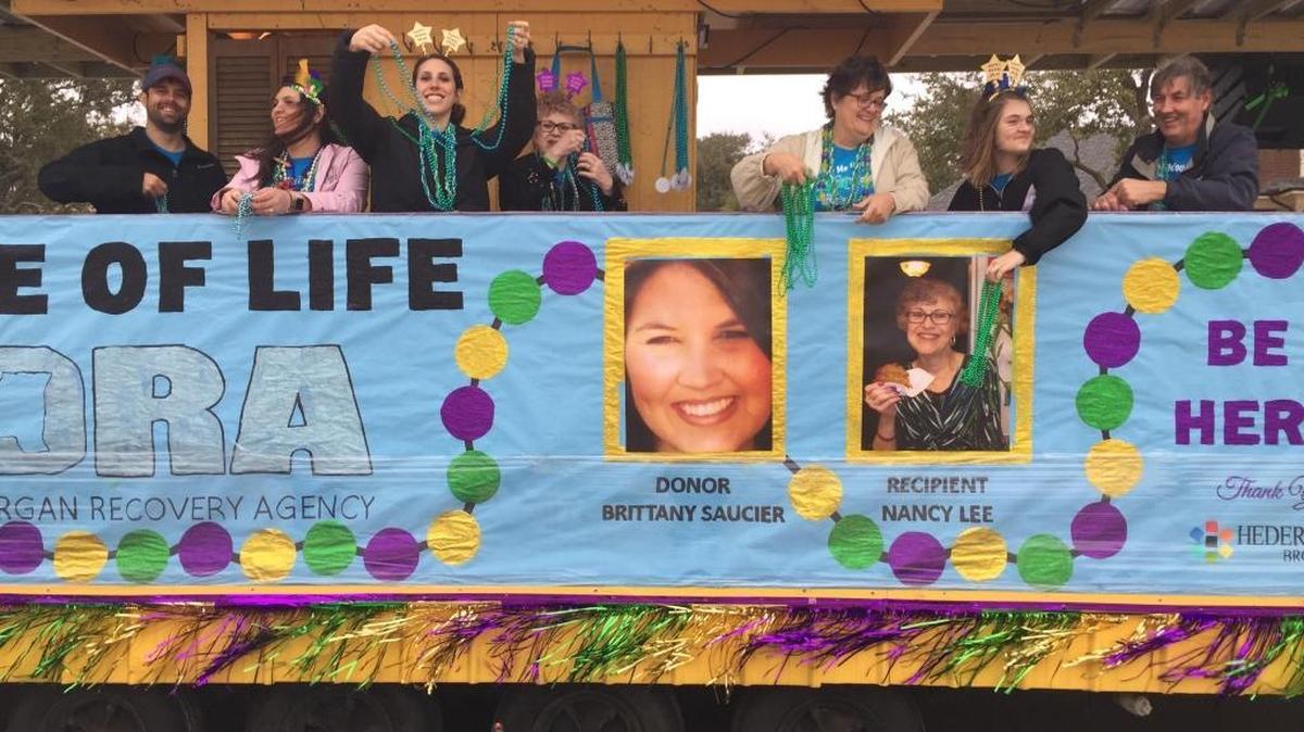 Timothy and Kortney McCaffrey, Jessica Barr, Nancy Lee, Ellen Duvernay, Mackenzie Saucier and Larry Duvernay honored the Duvernay’s late daughter, Brittany Saucier, whose lungs were donated to Lee in 2011 during the Ocean Springs Elks Parade on Saturday, Jan. 27, 2018.