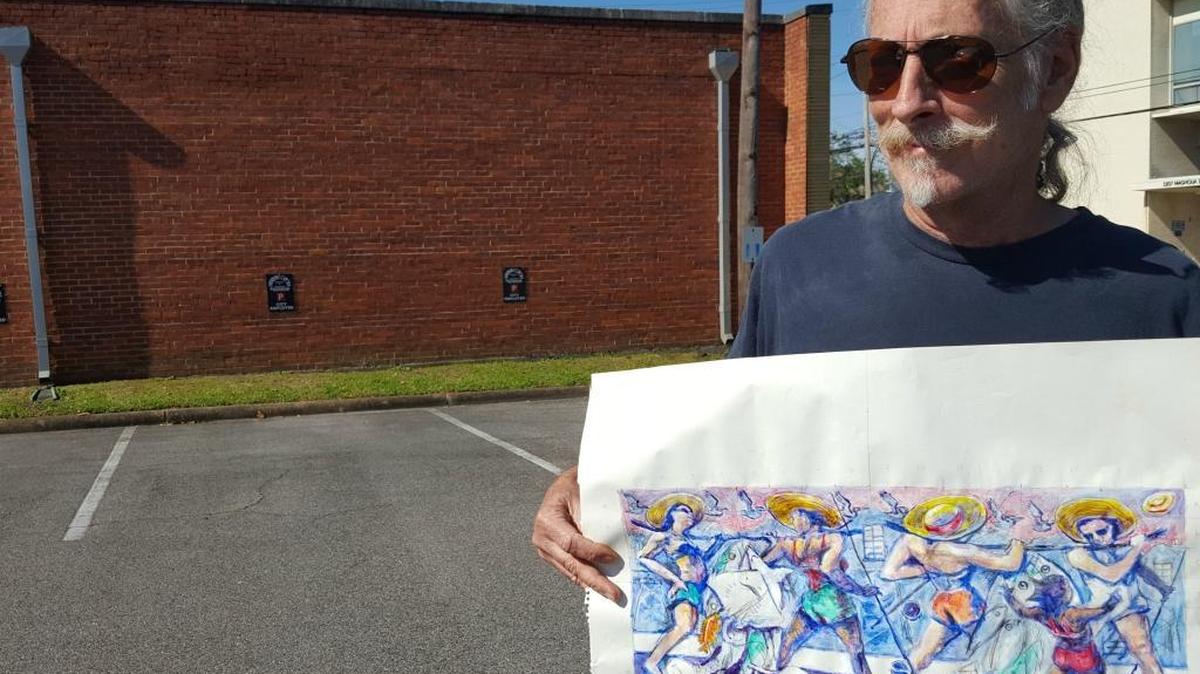 Alan Watson will paint this image, enlarged to 8 by 20 feet, on the north wall of City Hall, background.