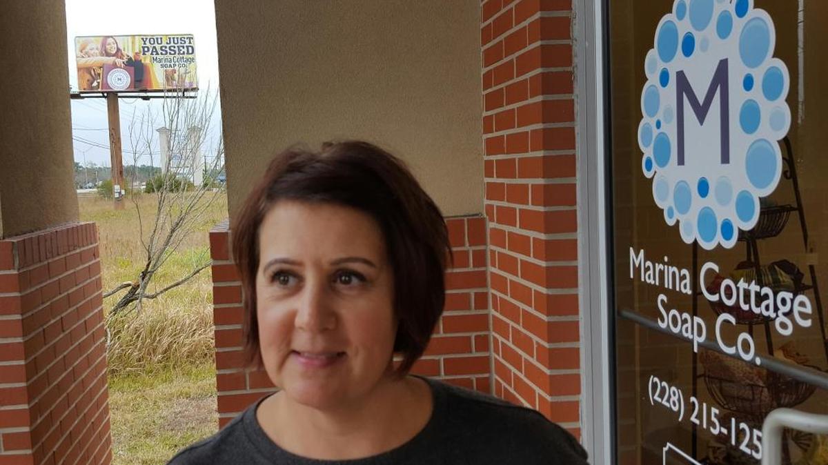 Vanessa Mueller, owner of Marina Cottage Soap Co., came up with a solution for people missing her retail shop on U.S. 90 in Ocean Springs. A billboard now points to her shop.