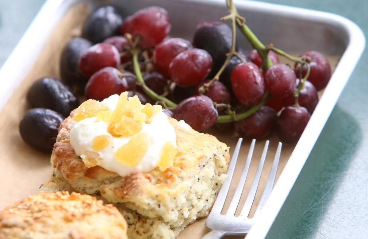 A lemon poppy seed biscuit with candied ginger and sweet fluff at Greenhouse on Porter in Ocean Springs.