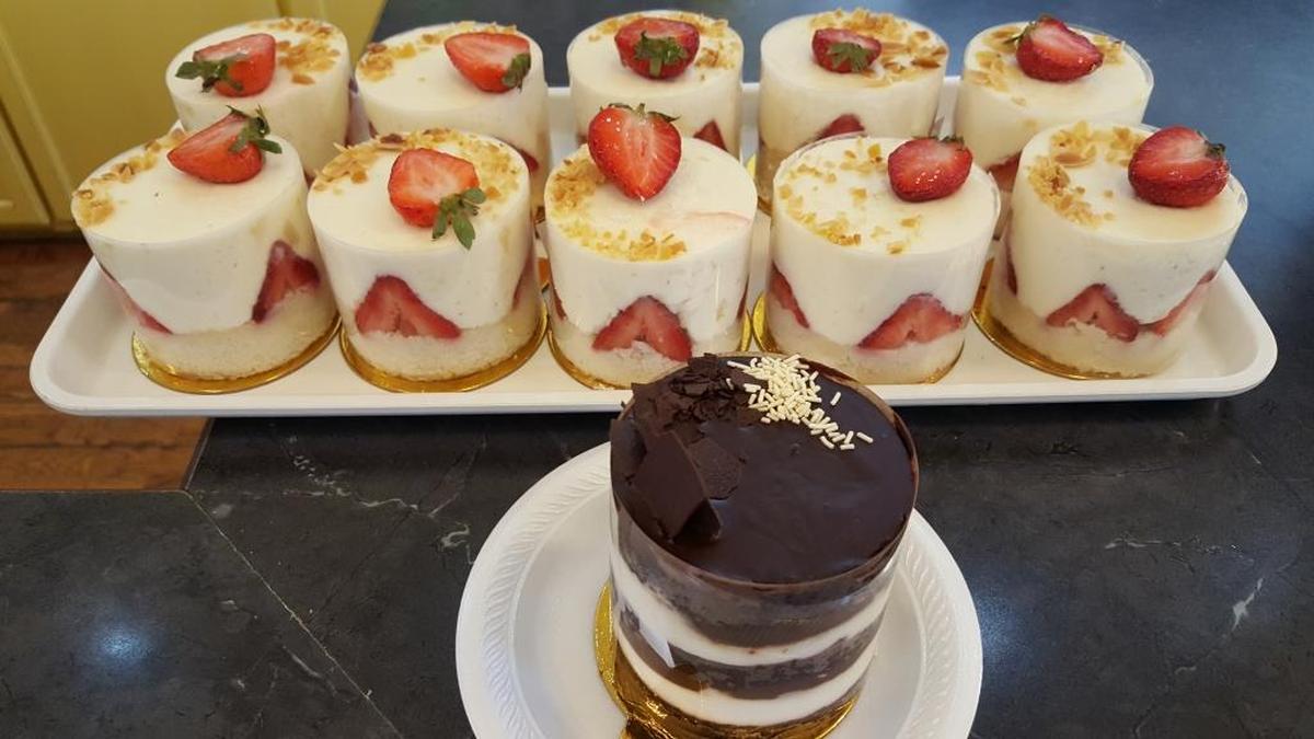 The Black Tie and Strawberry Bavarian are favorites at French Kiss Pastries.