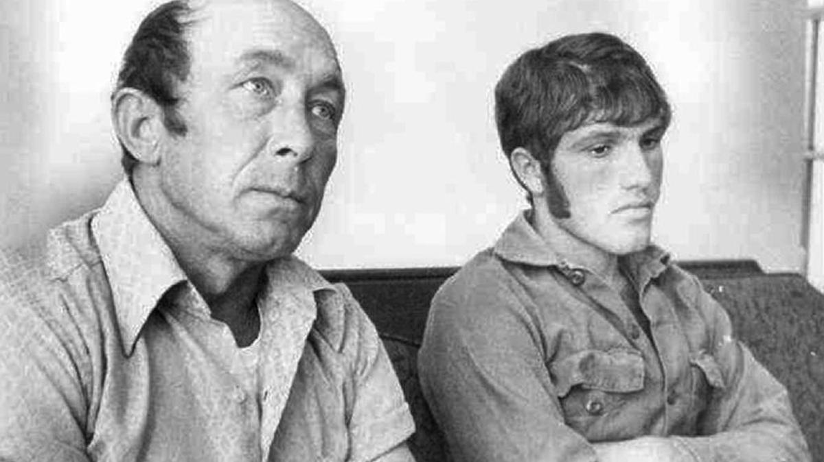 In this Oct. 18, 1973, taken in Gautier, Charles Hickson, left, and Calvin Parker Jr. of Pascagoula recount the experience of their alleged abduction by aliens from the banks of the Pascagoula River where they were fishing.