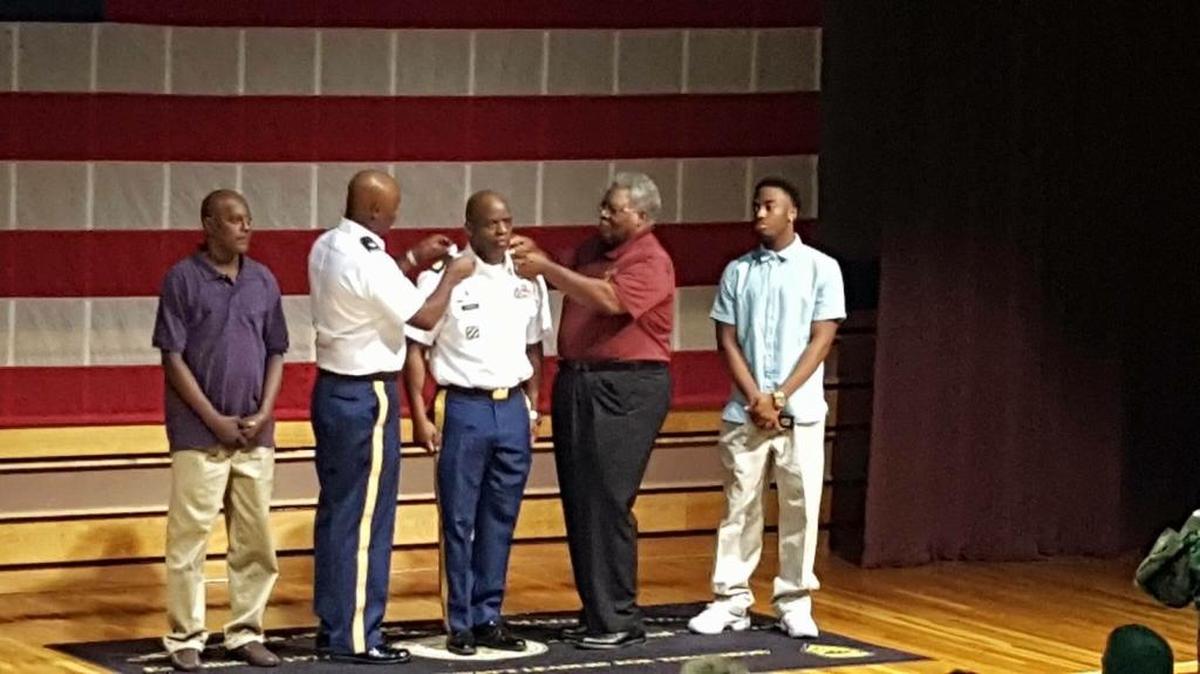 The Ocean Springs family at John Joiner’s pinning ceremony in El Paso recently. They are, from left, brother Malcolm Joiner, Lt. Col. Issac ‘Ike’ Gipson, Sgt. Maj. John Joiner, brother James E. Lewis Jr. and son Ja’uan Joiner.