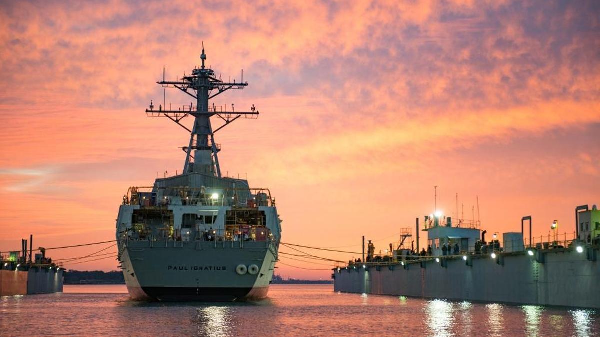 Dawn breaks on the day the Paul Ignatius, DDG 117, was launched at Ingalls Shipbuilding in Pascagoula.