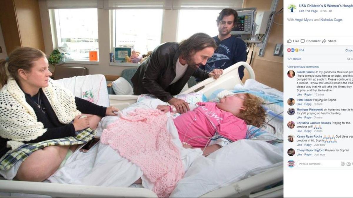 Actor Nicholas Cage visited Sophia Myers and other children at USA Children's & Women's Hospital in Mobile on August 30, 2017. Sophia is battling DIPG, a rare brain tumor.