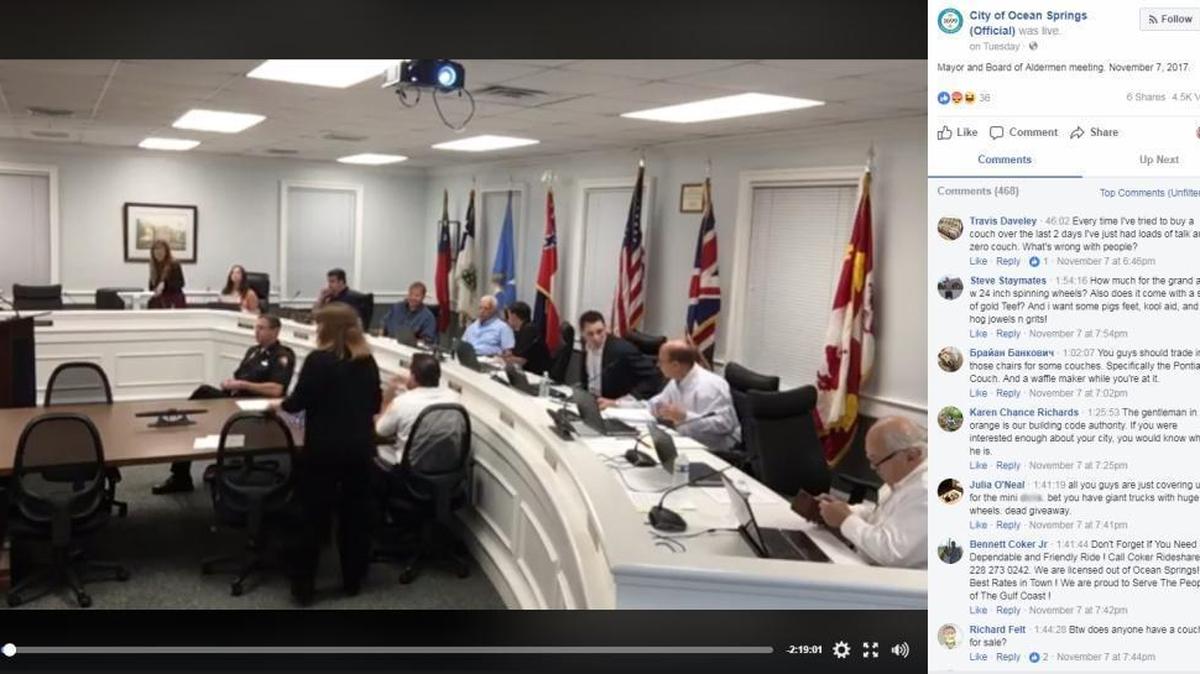 This screenshot shows a Facebook Live video of the Ocean Springs Board of Aldermen meeting on Tuesday, Nov. 7, 2017.
