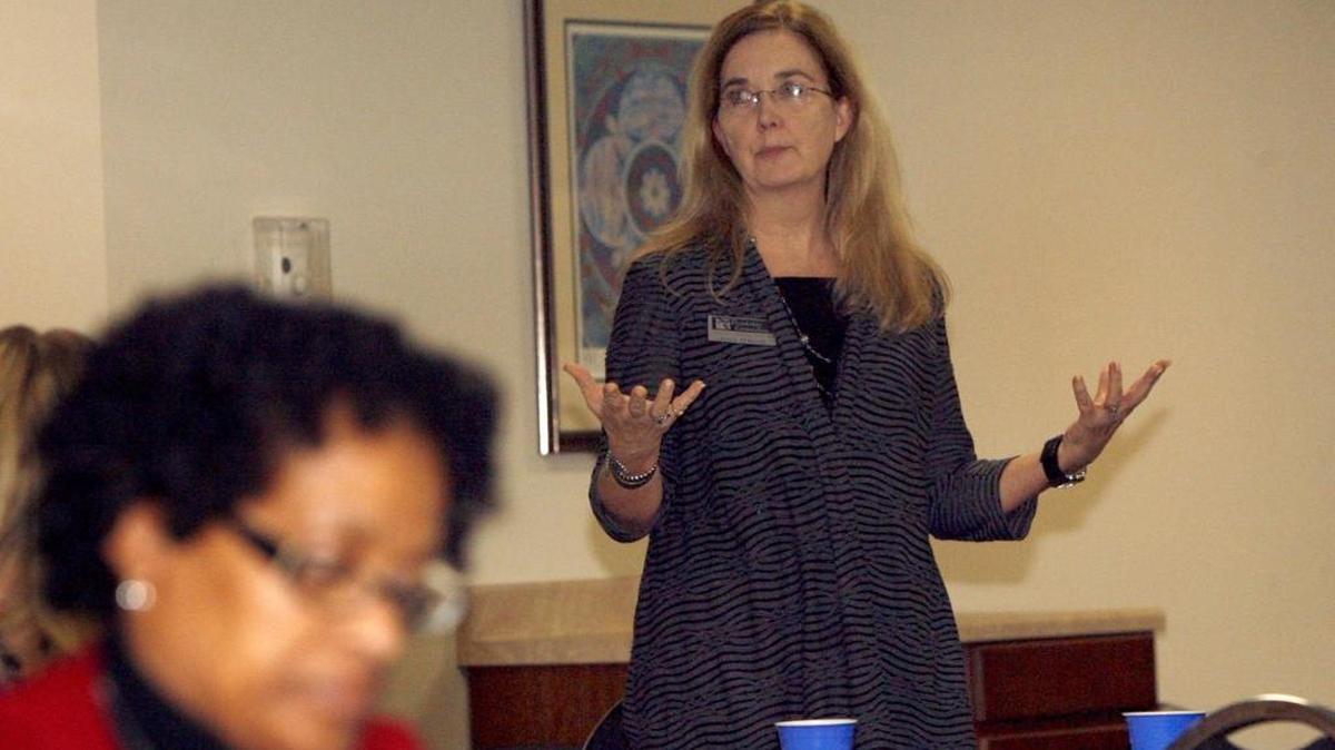 Janie O’Keefe offers ideas at a meeting at the Knight Nonprofit Center recently.