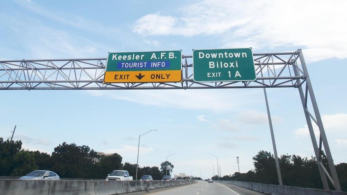 Signs direct vehicles traveling south on Interstate 110 towards Keesler Air Force Base and downtown Biloxi on Wednesday, July 13, 2016. The citizens of Ocean Springs are upset that a sign directing drivers to take a loop east towards Ocean Springs is missing.