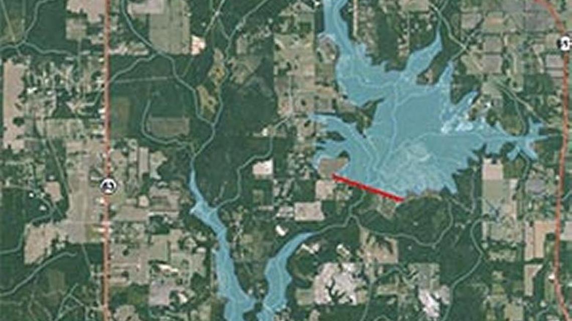 This aerial photo and added illustration shows the two lakes proposed by damming tributaries to the lower Pascagoula River.
