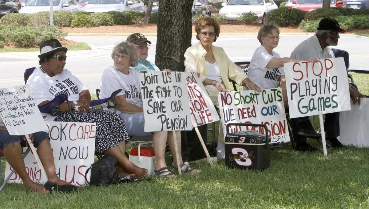 Singing River Health System retirees brought their protest over their failed pension plan to Singing River Hospital in Ocean Springs in 2015.
