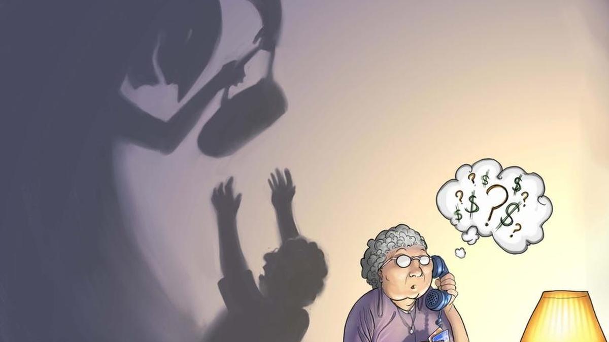 This color illustration shows a granny on the phone with a scammer appearing as a phantom shadow trying to rob her. The latest scam reported in Jackson County is one in which an unidentified man is asking people to pay fines over the phone.