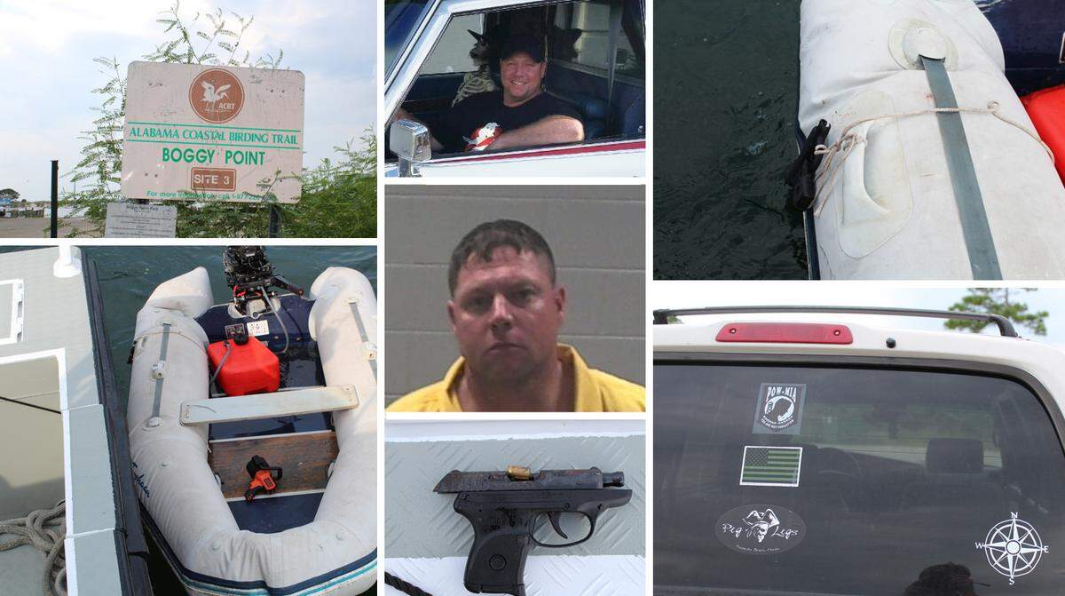 This combination photo shows Jacob Scott’s mugshot, center, along with evidence photos shot by Orange Beach Police Department and a photo of Scott in his Ghostbusters-themed car during Cruisin’ the Coast from the Sun Herald archive. Clockwise from top left, are the area in Alabama where his boat was found, a photo him in the Ghostbusters car, the gun found tied to the boat, the back of his SUV, the gun found, and his boat.