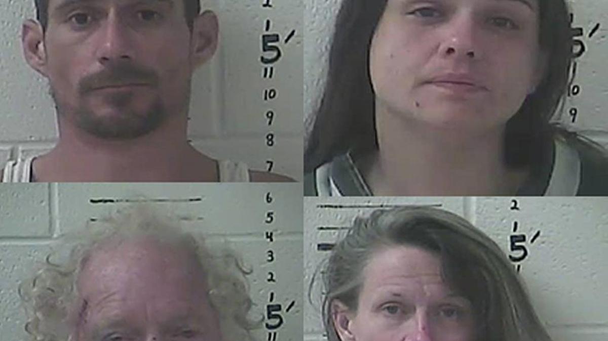 From left to right, top to bottom: David Luke Bourgeois, 31; Jennifer Lee Pepper, 34; Steven Farve, 55; and Pattie Nelson, 53, were each arrested on a burglary charge by Hancock County sheriff's deputies.