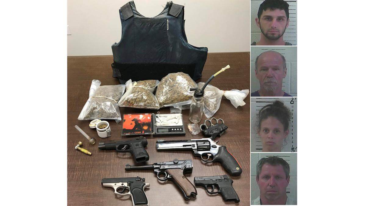 Hancock County Narcotics Task Force Agents arrested four people on various charges after drugs, guns, a bulletproof vest, brass knuckles a scale and more were found in a home on Standard-Dedeaux Road. Two kids were also in the home. Those arrested, from top to bottom, are Michael Ashton Cuevas, Curtis Wayne Murray, Michelle Lynn Ladner and Paul Langston.