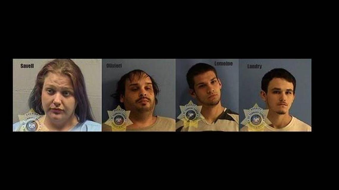Jason David Landry, 18, Brittney Michelle “Beezy” Savell, 25, Derrion Lemoine, 22, and Steven Lee “Stevie” Olivieri, 27, all of Slidell, were each arrested Tuesday on two counts of first-degree murder in the killings of two Pearl River friends found near Pearlington.