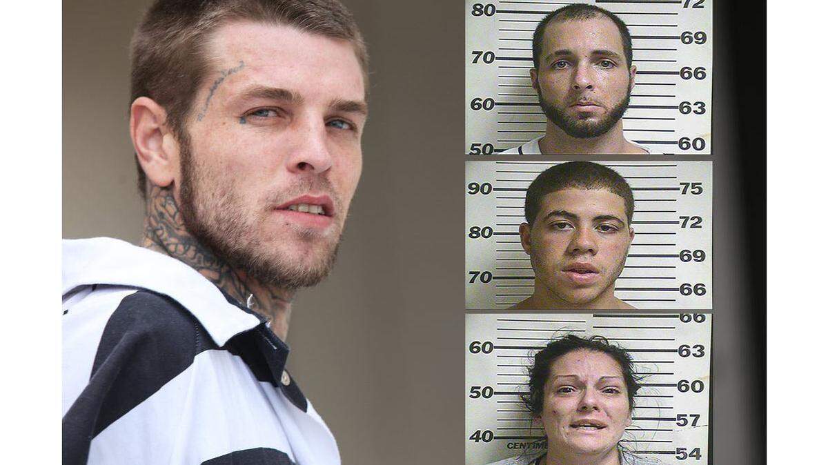 Joshua Anthony Peterman, left, Aaron Dale Bobinger, top, Devin Deshawn Gregory, center, and Kari Michelle Parker, bottom, were arrested in the killing in September 2015 of Tena Marie Broadus in Gulfport. Police later arrested Aaron Bobinger.