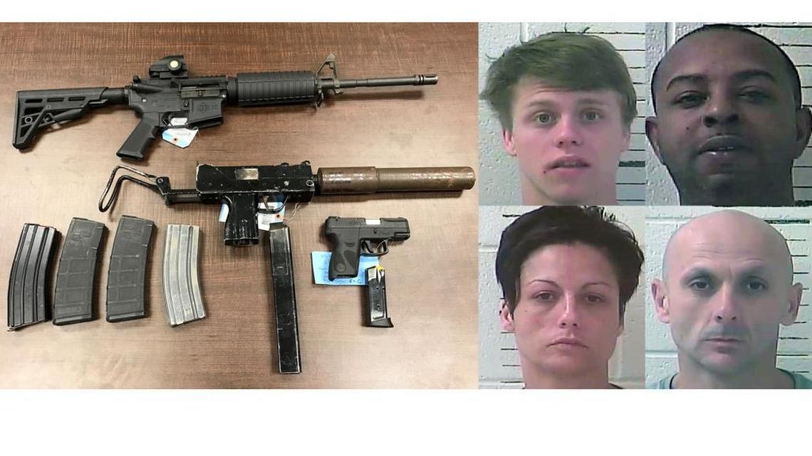 Weapons recovered by Hancock deputies during the arrests of, clockwise from top left, Justin Fontenot, Rico Laneaux, Schman Ladner and Misty Moran.
