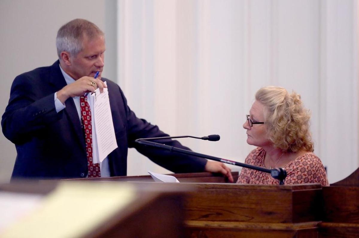 Tony Lawrence asks Carmon Brannan questions during hearing in Lucedale, Monday, July 17, 2017. Brannan, a former jail nurse, wants her manslaughter guilty plea withdrawn.