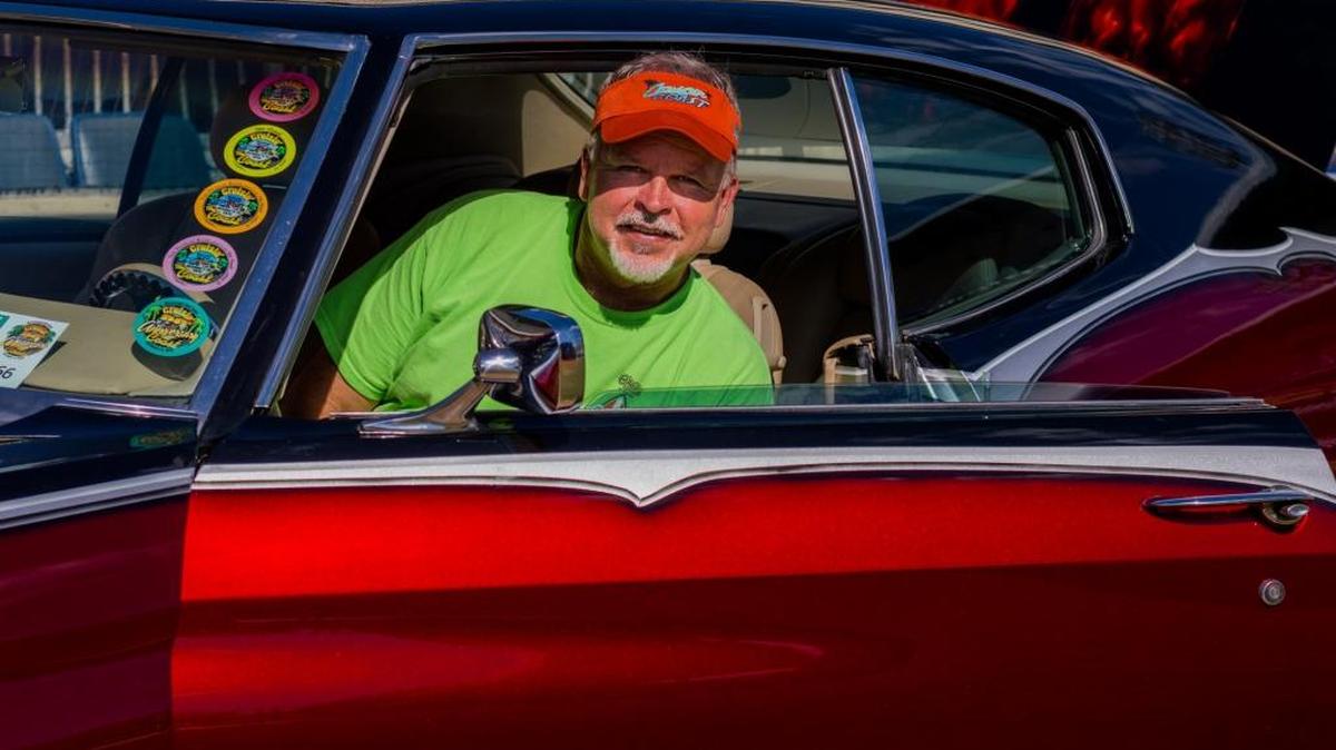 Kent Wood of Biloxi, Mississippi, in his 1971 Chevrolet Chevelle SS. Wood built his car except for the painted flames on the hood, trunk and the interior trim.