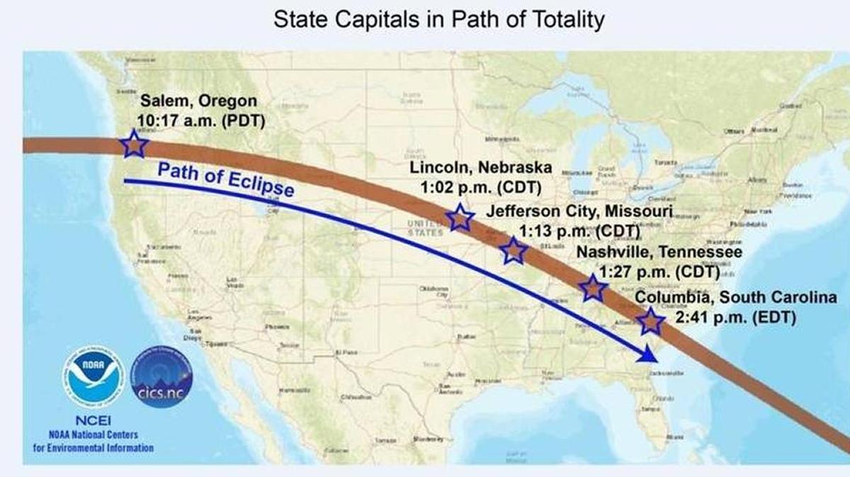 This NOAA map shows the path of the total eclipse on Aug. 21. South Mississippi will have a partial eclipse at 1:30 p.m. that day.