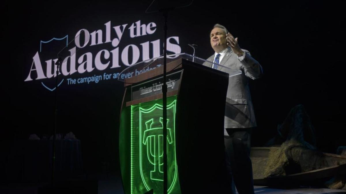 Tulane University president Michael Fitts announces a $1.3 billion fundraising campaign being called "Only the Audacious" at the Avron B. Fogelman Arena in Delvin Fieldhouse in New Orleans on Friday, Dec. 8, 2017.