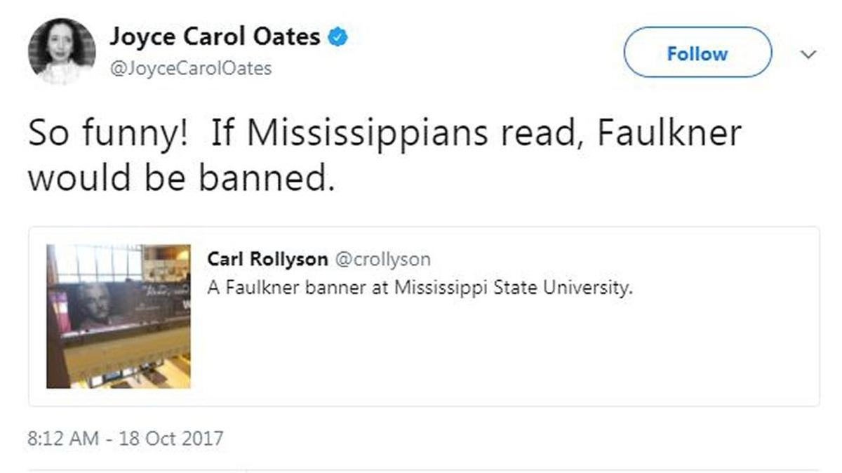 Author Joyce Carol Oates tweeted about Mississippi on Wednesday, Oct. 18, 2017.