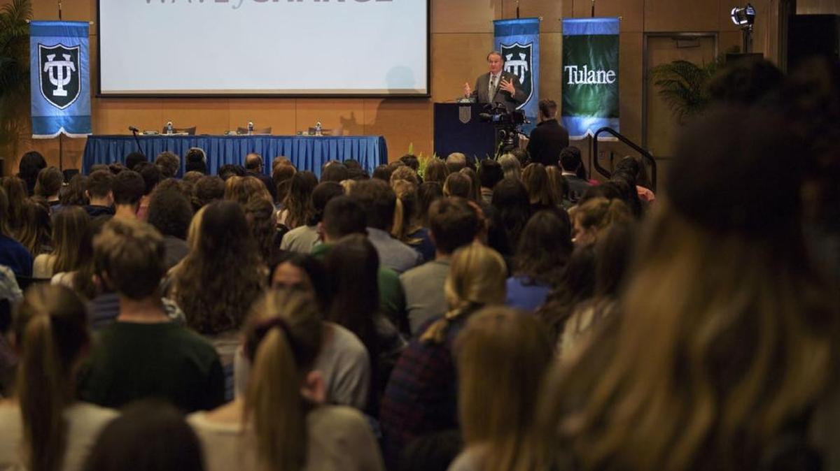 Tulane University President Michael Fitts speaks to a standing room-only roomof students as he announces the results of a sexual assault survey conducted by the school on Wednesday, Jan. 31, 2018.