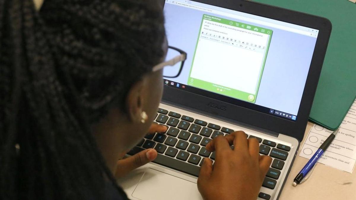 Trent Lott Middle School sixth-grader Aubre Kelley answers a question on a Chromebook in a language class. On Friday 0127, Computer Basics will be offered at the Kiln Public Library from 9 a.m. to noon.
