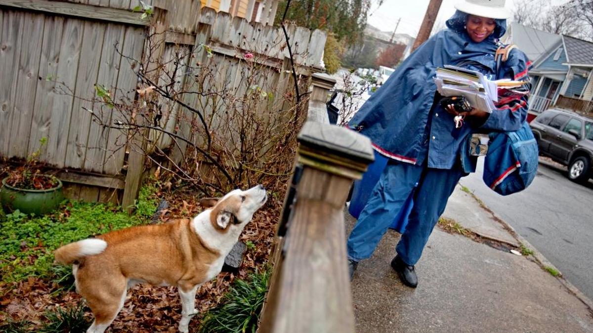 U.S. Postal Service letter carrier encounters a barking a dog in 2013 in Atlanta. Annual Postal Service rankings show the Gulfport post office reported four dog-related incidents with injuries in the past year, compared with six reported in Jackson.