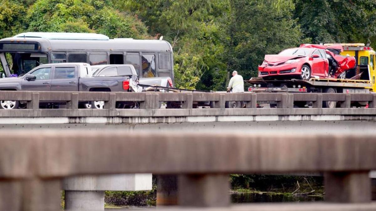 Two people are dead and more than 40 others were injured when a bus crashed into a vehicle and a fire truck on Interstate 10 near LaPlace on Sunday.