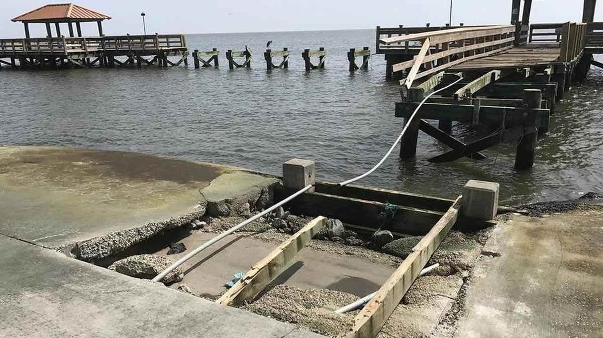 Urie Pier at the Gulfport Small Craft Harbor was heavily damaged by Hurricane Nate on Sunday, Oct. 8, 2017.