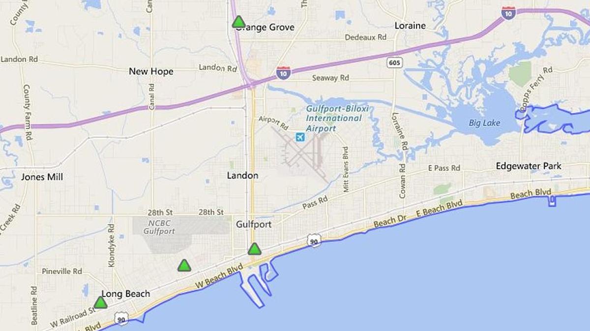 Green triangles mark areas of power outage on Mississippi Power’s online outage map. A brief but strong thunderstorm Monday evening caused several power outages in Long Beach and disabled a few traffic lights on U.S. 49 in Gulfport.