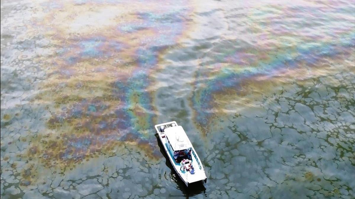 An aerial image of an oil slick in the Gulf of Mexico, taken on April 28, 2018.