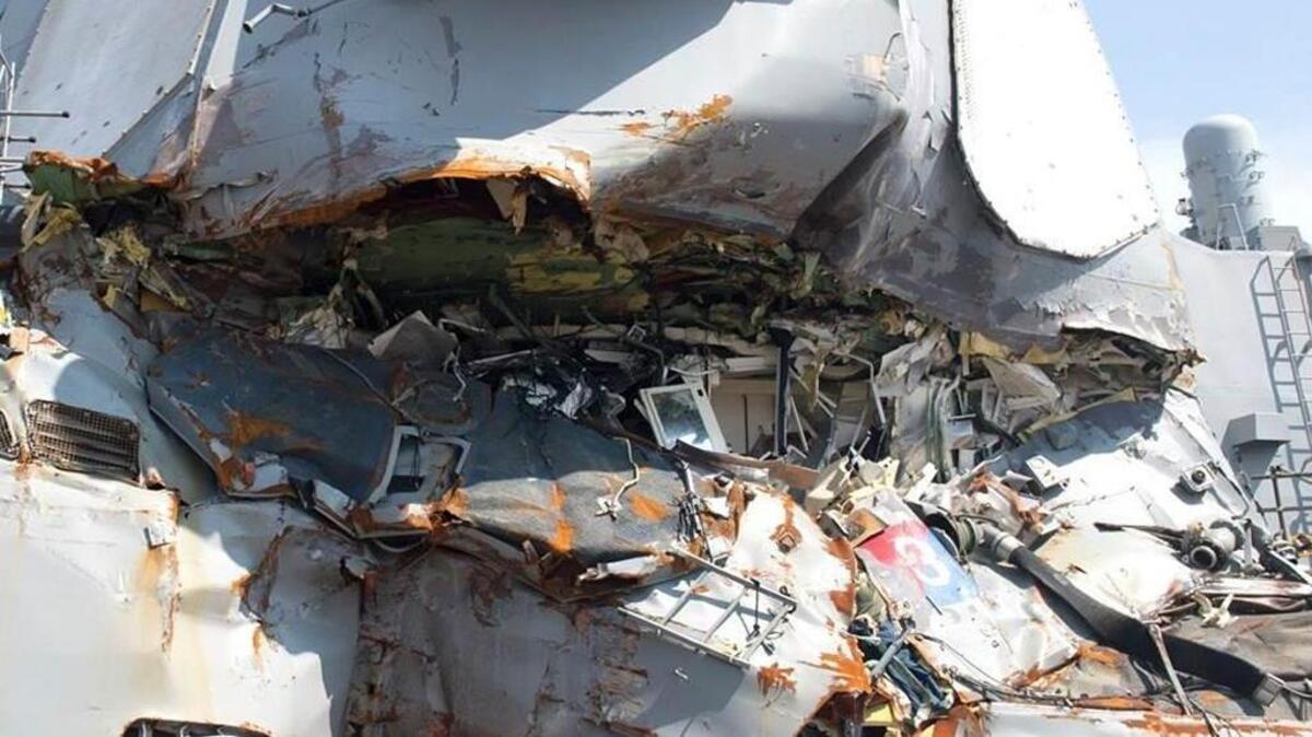 In an undated handout photo, damage to the USS Fitzgerald after it collided with a cargo ship near Japan in June 2017. The collision, and that of another American destroyer near Singapore, was the result of a string of avoidable crew and navigational errors, the Navy said in reports made public on Nov. 1, 2017.