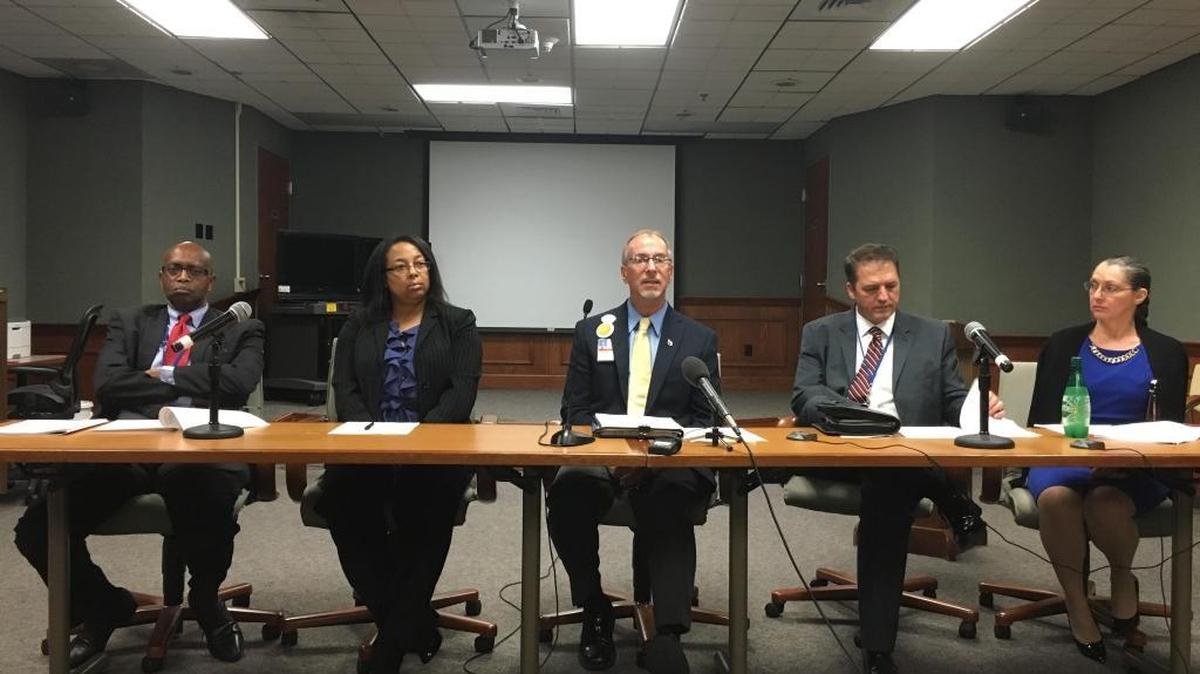 M. Christopher Saslo, the interim director of the Gulf Coast Veterans Health Care System, center, sits among his leadership team and speaks about improving quality of care at an event on Wednesday, June 7, 2017.
