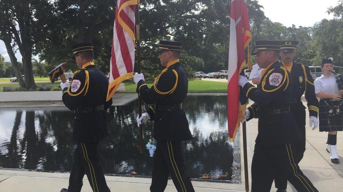 Members of the Gulfport Fire Department Honor Guard present the colors at the Flag Day ceremony at the Armed Forces Retirement Home on Wednesday, June 14, 2017.