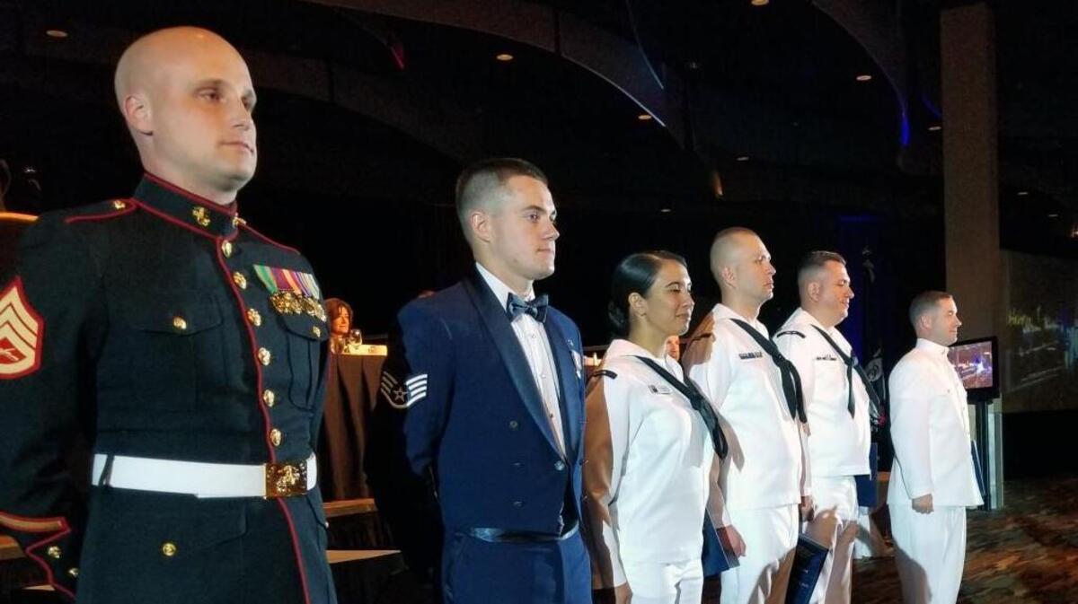 Nominees for the Thomas V. Fredian Community Leadership Award are introduced to the audience at the 39th annual Salute to the Military on on Tuesday, Oct. 24, 2017. From left: Marine Staff Sgt. Christopher Champagne, Air Force Staff Sgt. Joseph Doyle, Navy Petty Officer 1st Class Jacqueline Gonzalez, Navy Petty Officer 1st Class Adrian Pinerio, Navy Petty Officer 1st Class Raphael Porter and Navy Chief Petty Officer Daniel Zimmerli.