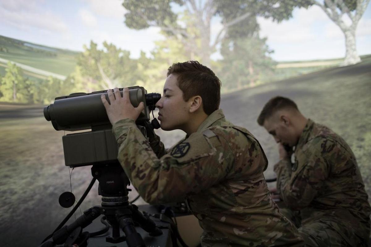 Pvt. Emily Castillo, a fire support specialist trainee, uses a close air support module in a simulator at Fort Sill, Okla., Feb. 6, 2018. The Army’s planned Futures Command will consult directly with troops there about how to update artillery pieces to improve speed and range.
