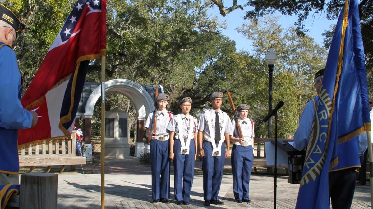 Members of the West Harrison High School Army ROTC posted the colors at the beginning of a service Sunday that honored four chaplains who sacrificed their own lives to save young soldiers when the USAT Dorchester sank in the Atlantic during World War II. American Legion Post 1995 sponsored the memorial service at the city's park in Long Beach.