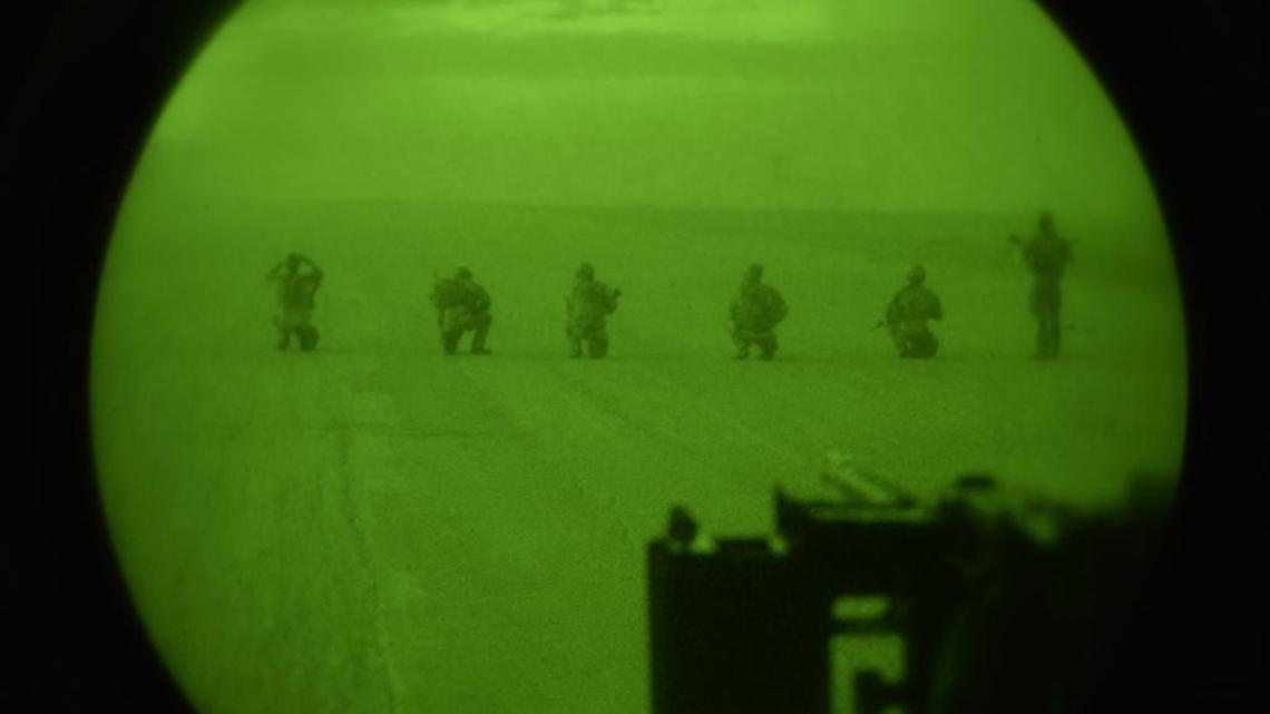 U.S. Naval Special Warfare personnel set a perimeter after exiting a U.S. Air Force CV-22 Osprey during infiltration and exfiltration exercises at Fort Polk, La., during Southern Strike 17, Oct. 28, 2017. SSTK 17 is a total force, multi-service training exercise hosted by the Mississippi Air National Guard’s Combat Readiness Training Center in Gulfport, Miss., from Oct. 24 through Nov. 4, 2016. The exercise emphasizes air-to-air, air-to-ground and special operations forces training opportunities. These events are integrated into demanding hostile and asymmetric scenarios with actions from specialized ground forces and combat and mobility air forces. (U.S. Air Force photo by Senior Airman Trevor T. McBride)