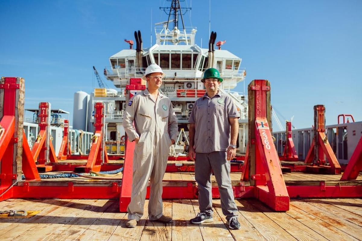 John Guidry, left, and Capt. Sean Sandell aboard an offshore supply ship owned by Aries Marine, in Port Fourchon, La., Jan. 10, 2018. Aries’s fleet repairs oil and gas platforms in shallow waters, where struggling operators have benefitted from the Trump administration’s efforts to increase production.