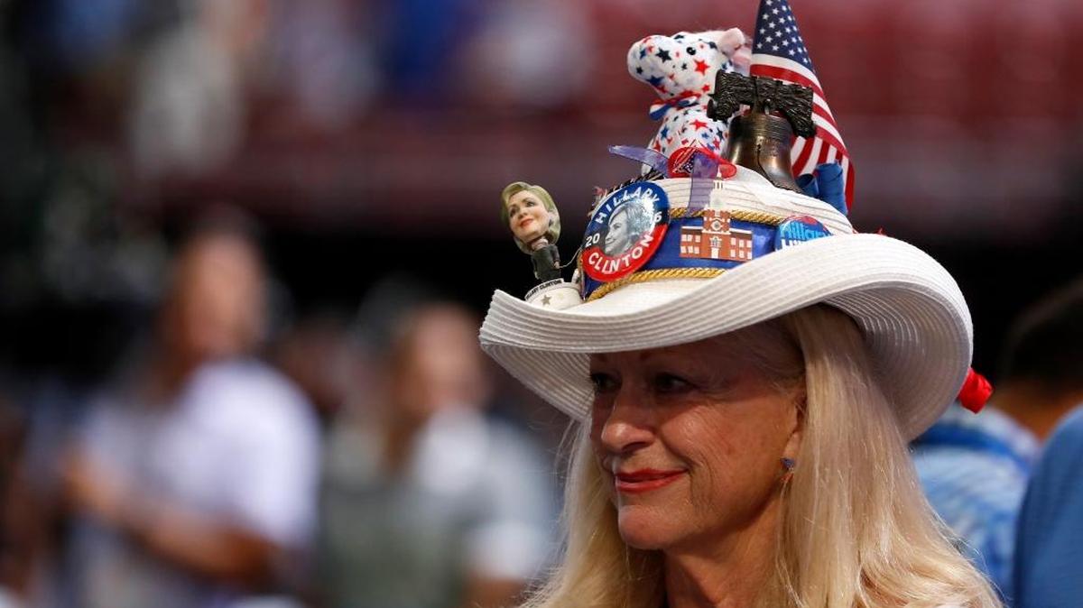 Mississippi delegate Joy Williams shows off her hat as she arrives at the convention floor before the start of the first day of the Democratic National Convention in Philadelphia, Monday, July 25, 2016.