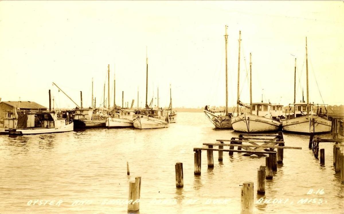 Twentieth-century technology changed how shrimp and oysters were harvested. Note how the bowsprits are cut off of the schooners moored in Biloxi. This often happened when the old schooners were motorized. Eventually a lugger boat design became more popular on the Coast.