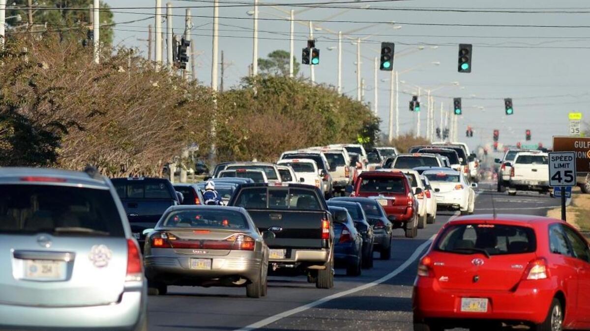 Traffic begins to back up in the eastbound lane approaching Halstead Road in Ocean Springs on a Monday several years ago.