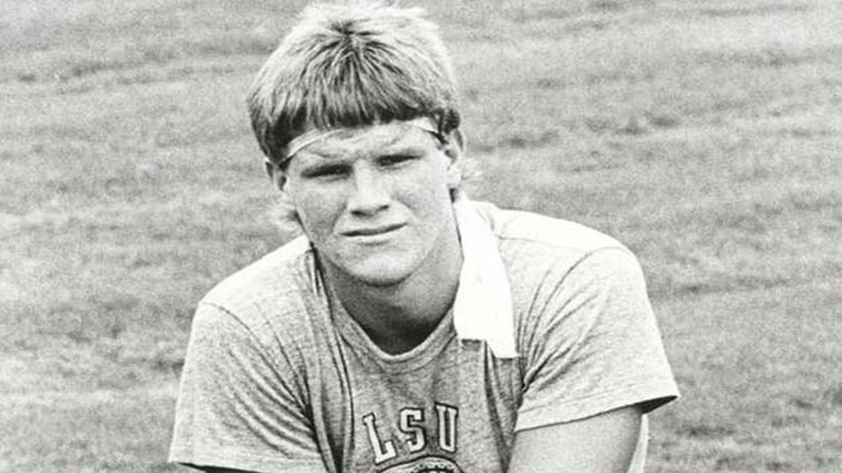 A young Brett Favre poses for this 1986 Hancock North Central photo. Of special note in the photo is young Favre's headband and LSU football T-shirt.